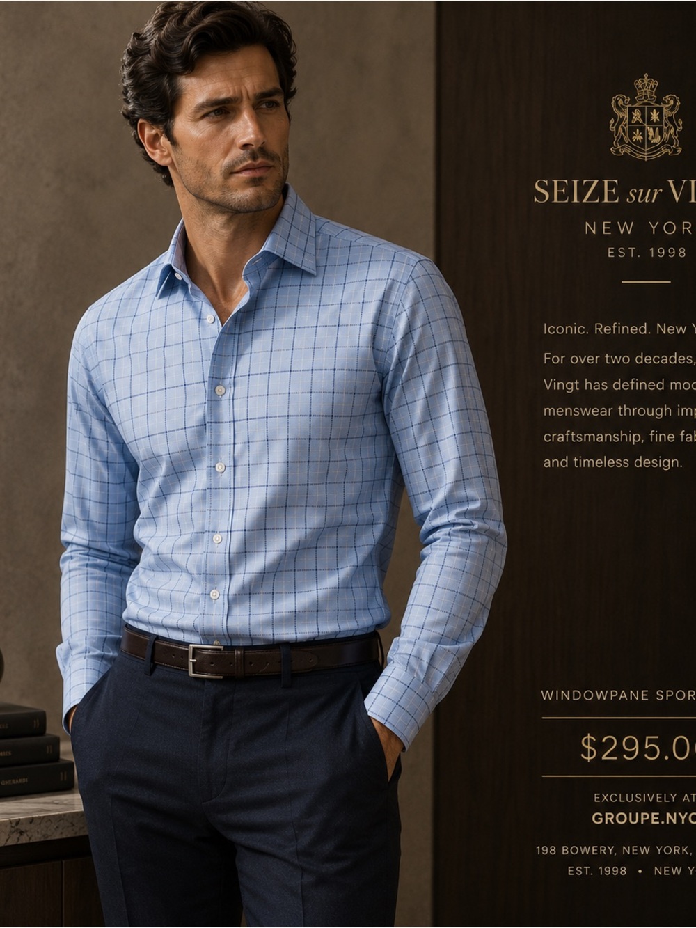 Light Blue Windowpane Dress Shirt seize sur vint NY  luxury shirts